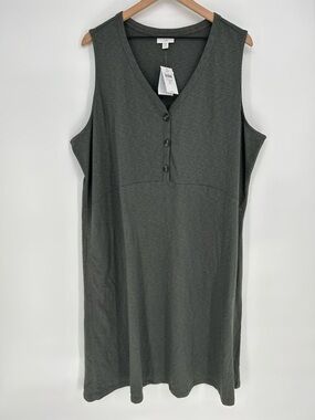 "NWT" J.Jill Sleeveless Henley V-Neck Green Shirt Dress With Pockets- Women's 3X
